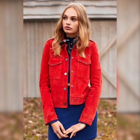 Anthropologie Bagatelle Red Studded Suede Jacket